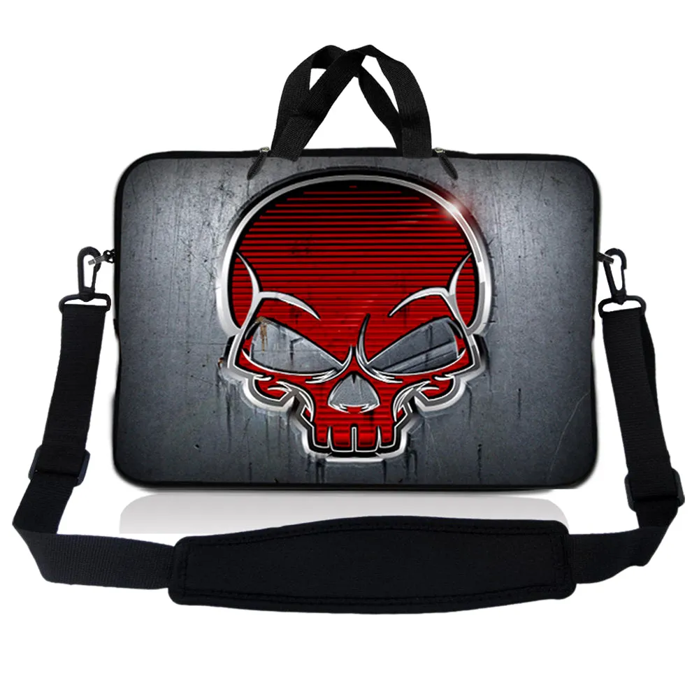 Notebook / Netbook Sleeve Carrying Case w/ Handle & Adjustable Shoulder Strap & Matching Skin & Mouse Pad – Silver Red Skull