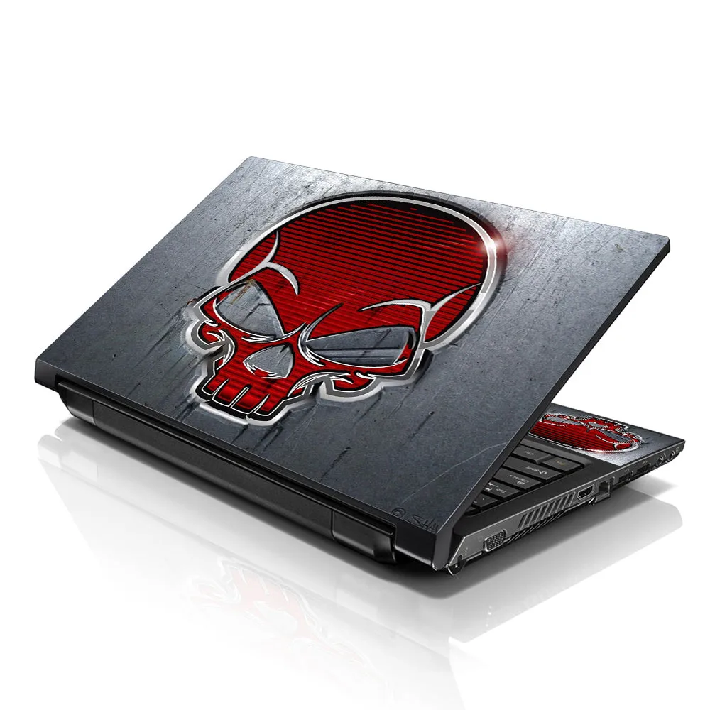 Notebook / Netbook Sleeve Carrying Case w/ Handle & Adjustable Shoulder Strap & Matching Skin & Mouse Pad – Silver Red Skull