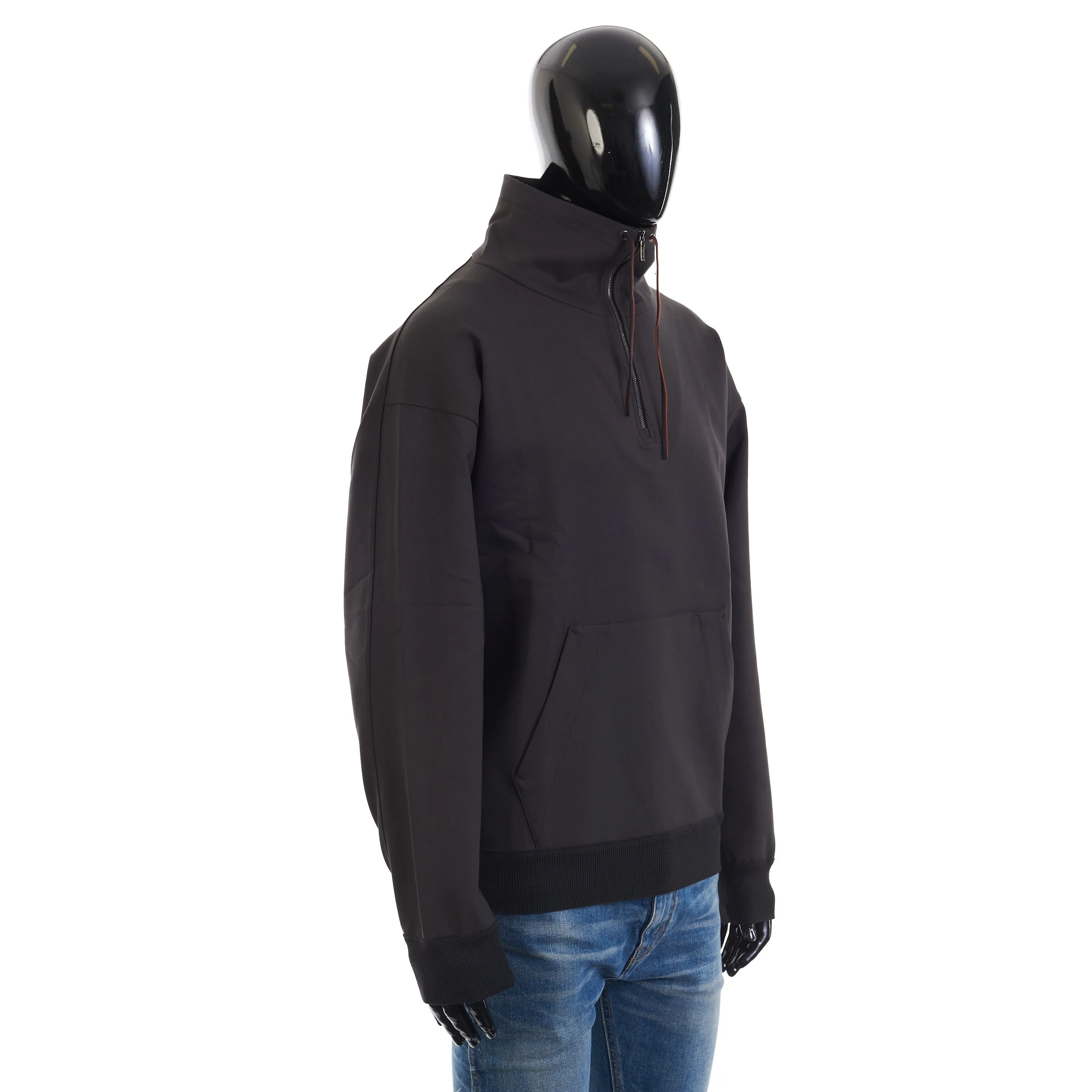 Onyx Black Sweater - Virgin Wool, Hood, 1/4 Zip, Mock Neck Collar