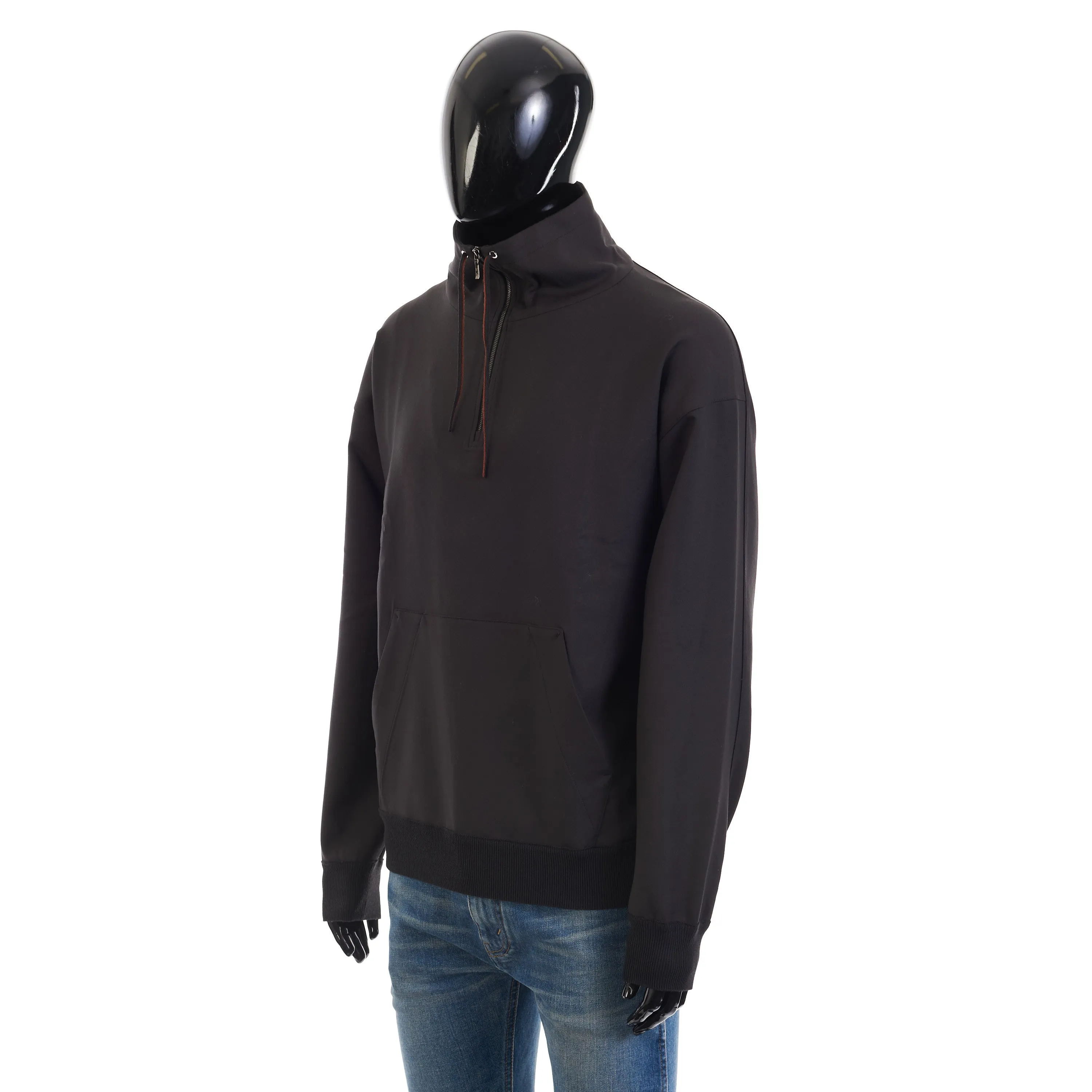 Onyx Black Sweater - Virgin Wool, Hood, 1/4 Zip, Mock Neck Collar