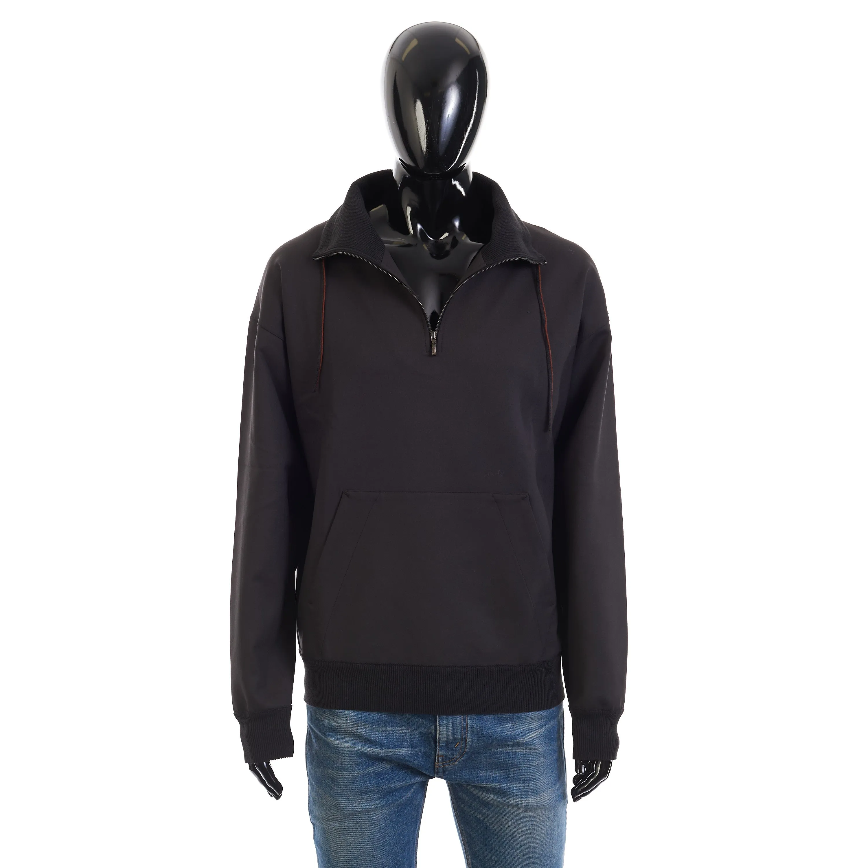 Onyx Black Sweater - Virgin Wool, Hood, 1/4 Zip, Mock Neck Collar