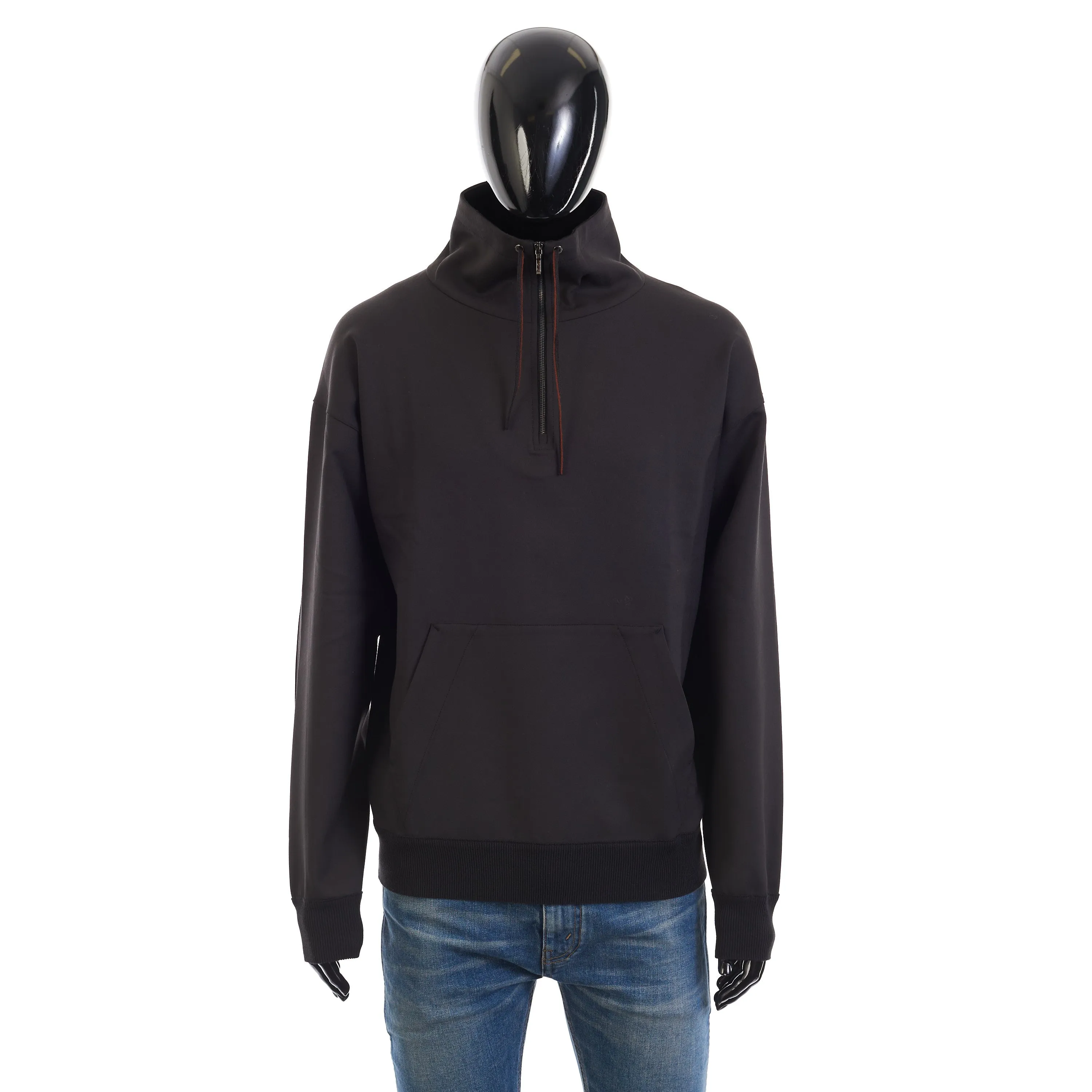 Onyx Black Sweater - Virgin Wool, Hood, 1/4 Zip, Mock Neck Collar