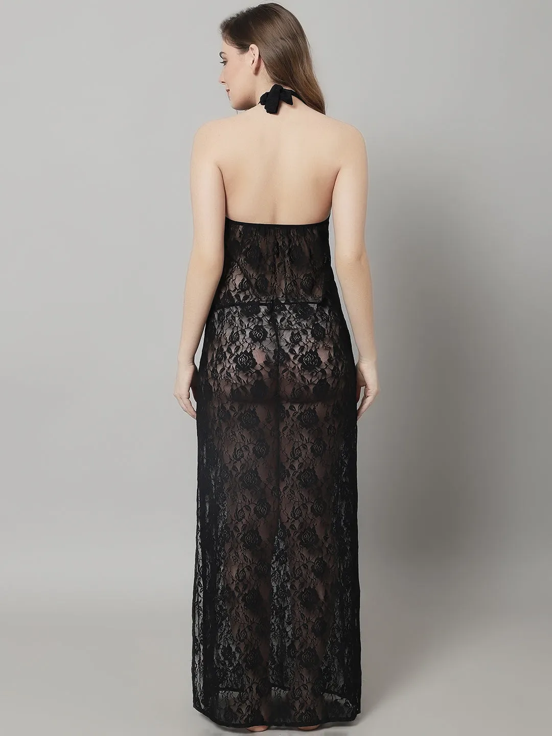 Overall Lacy Halter Neck Long Gown - Black