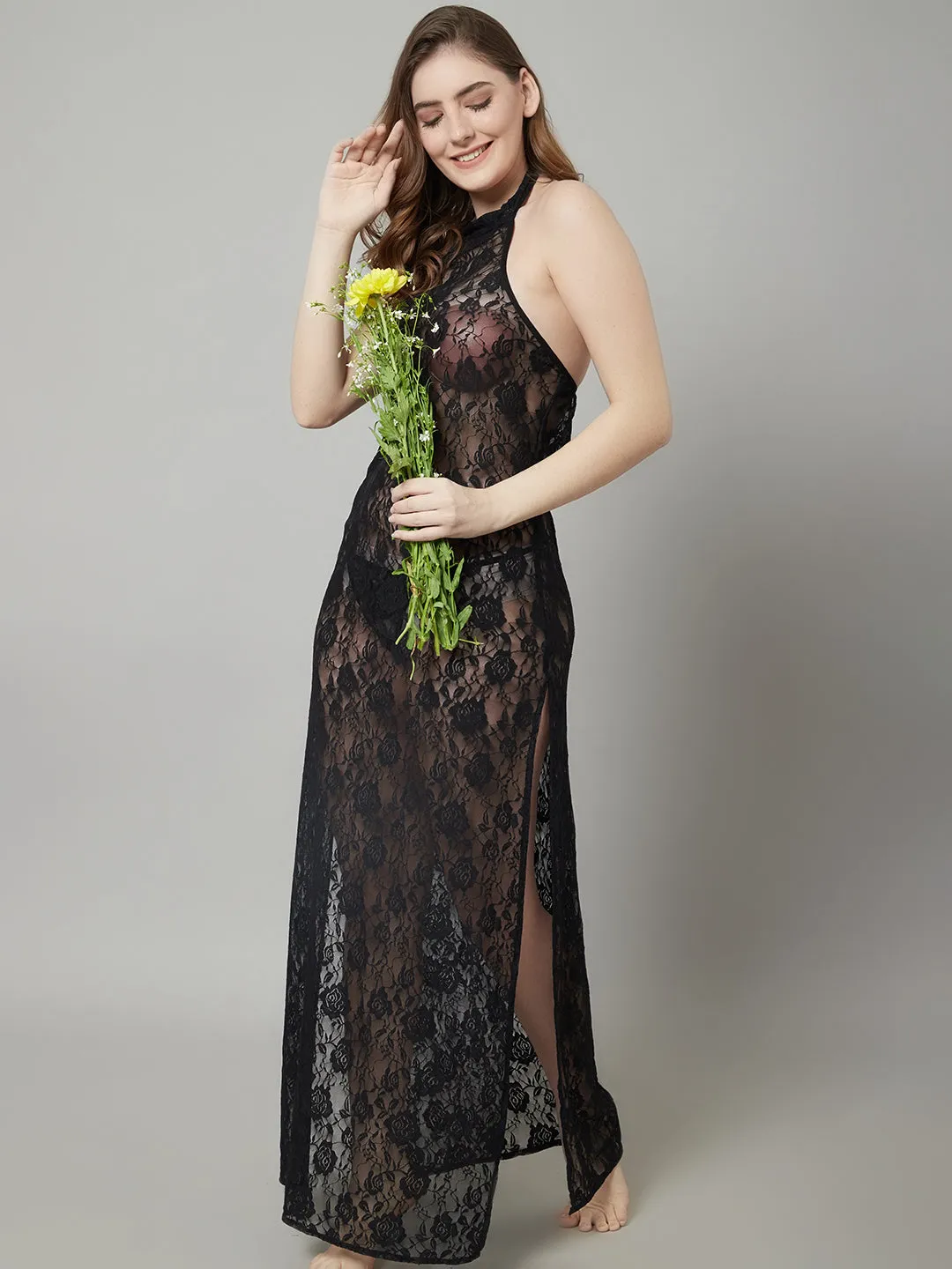 Overall Lacy Halter Neck Long Gown - Black