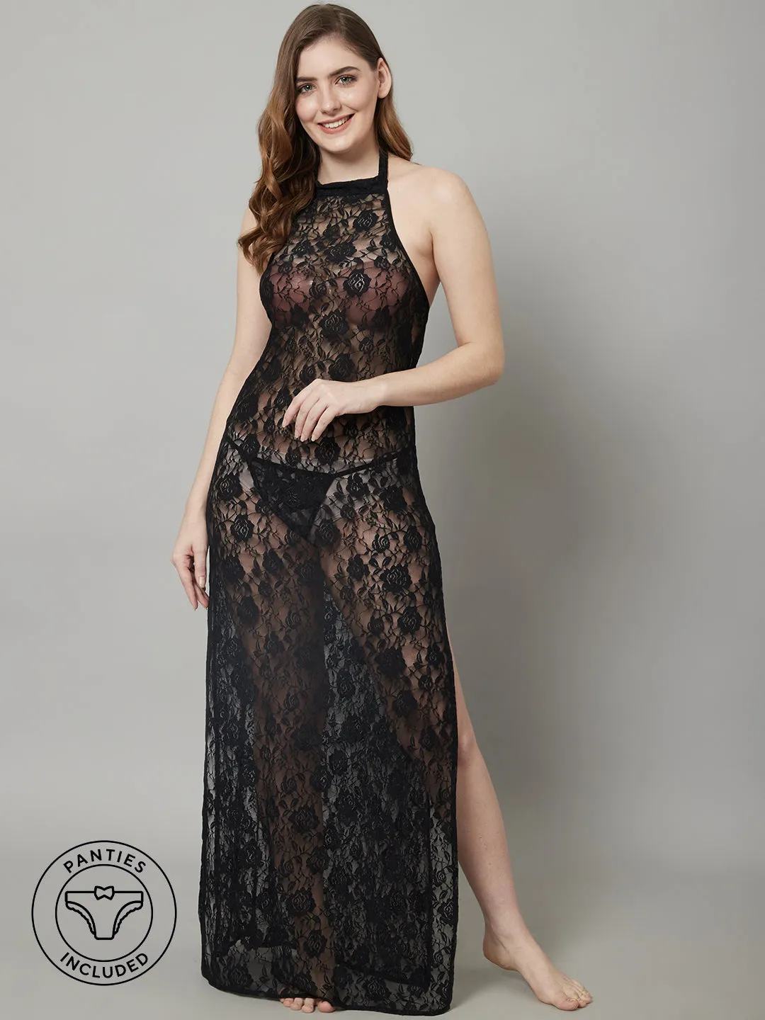 Overall Lacy Halter Neck Long Gown - Black