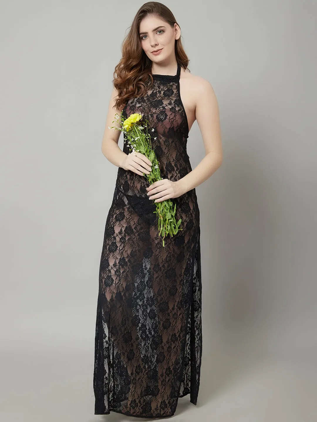 Overall Lacy Halter Neck Long Gown - Black