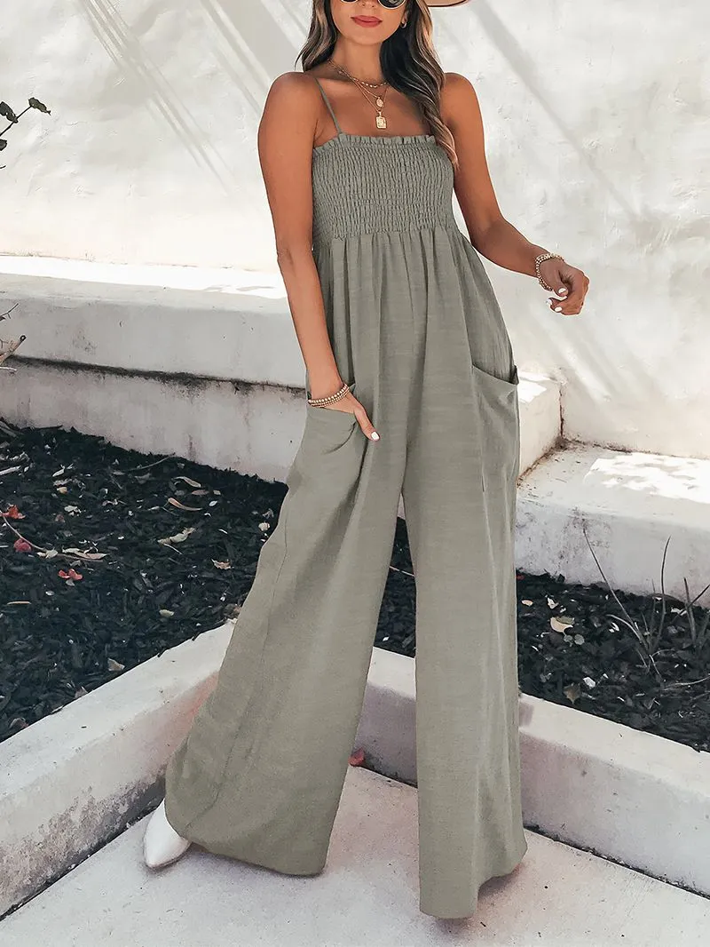 Spaghetti Strap Ruffle Trimmed Smocked Bandeau Palazzo Pant Jumpsuit