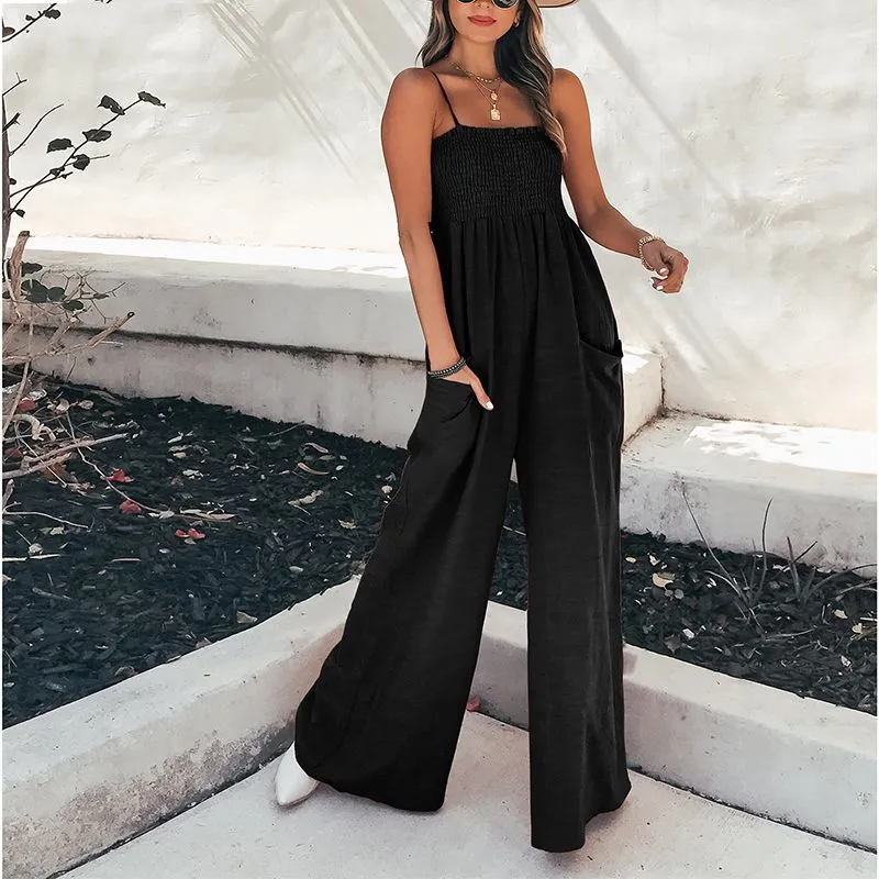 Spaghetti Strap Ruffle Trimmed Smocked Bandeau Palazzo Pant Jumpsuit