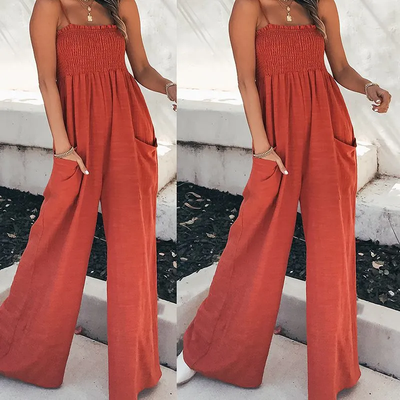 Spaghetti Strap Ruffle Trimmed Smocked Bandeau Palazzo Pant Jumpsuit