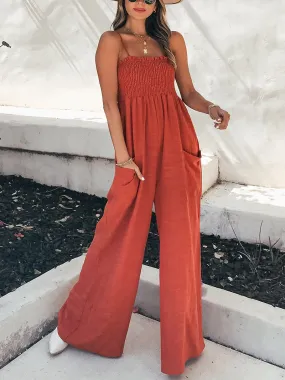 Spaghetti Strap Ruffle Trimmed Smocked Bandeau Palazzo Pant Jumpsuit