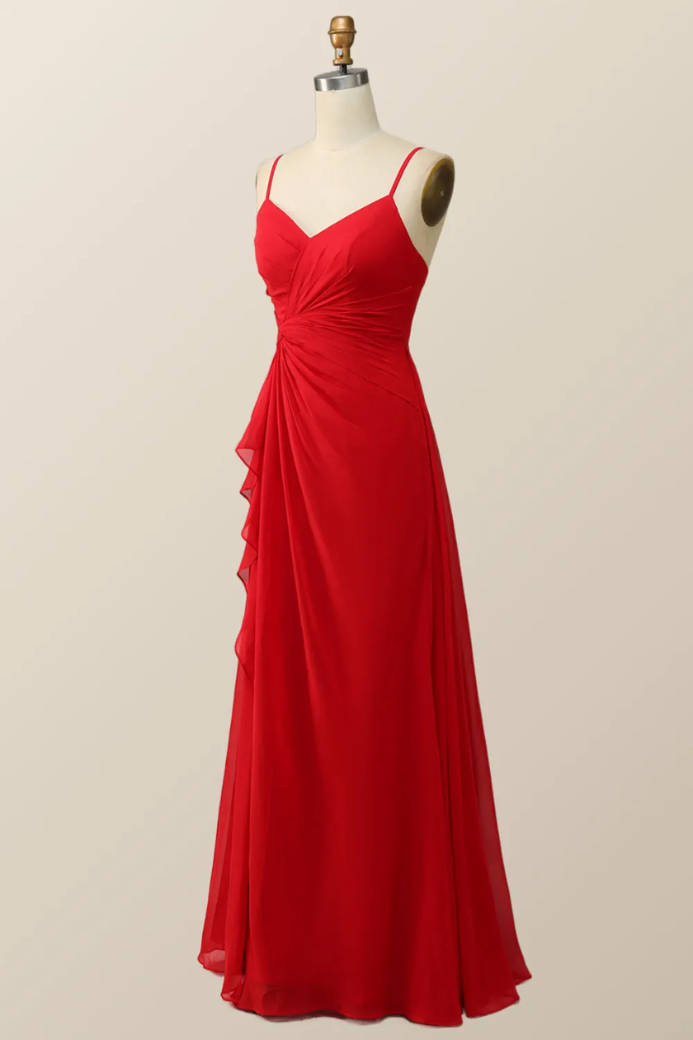 Straps Red Twisted Chiffon Long Bridesmaid Dress