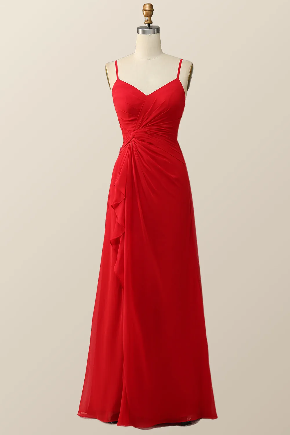 Straps Red Twisted Chiffon Long Bridesmaid Dress