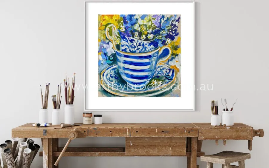 Tea time with blue wrens 2-art print