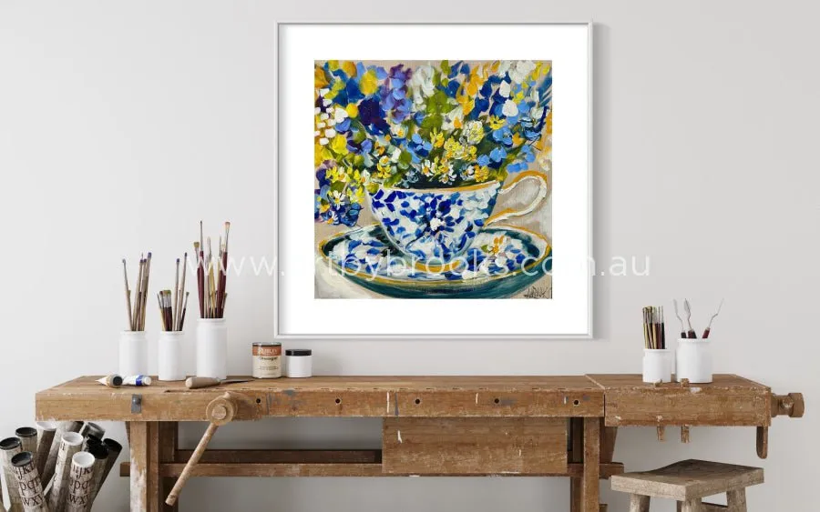 Tea time with blue wrens 3-art print