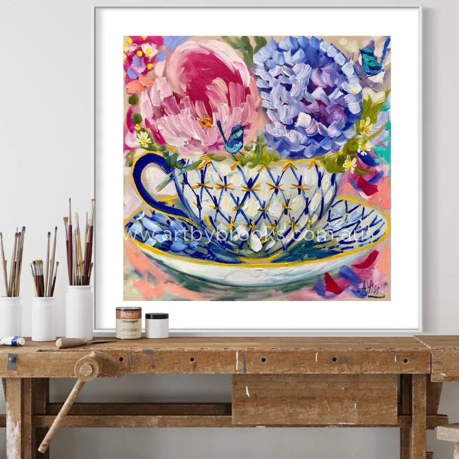 Tea time with blue wrens 5-art print