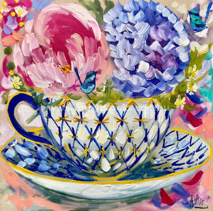 Tea time with blue wrens 5-art print