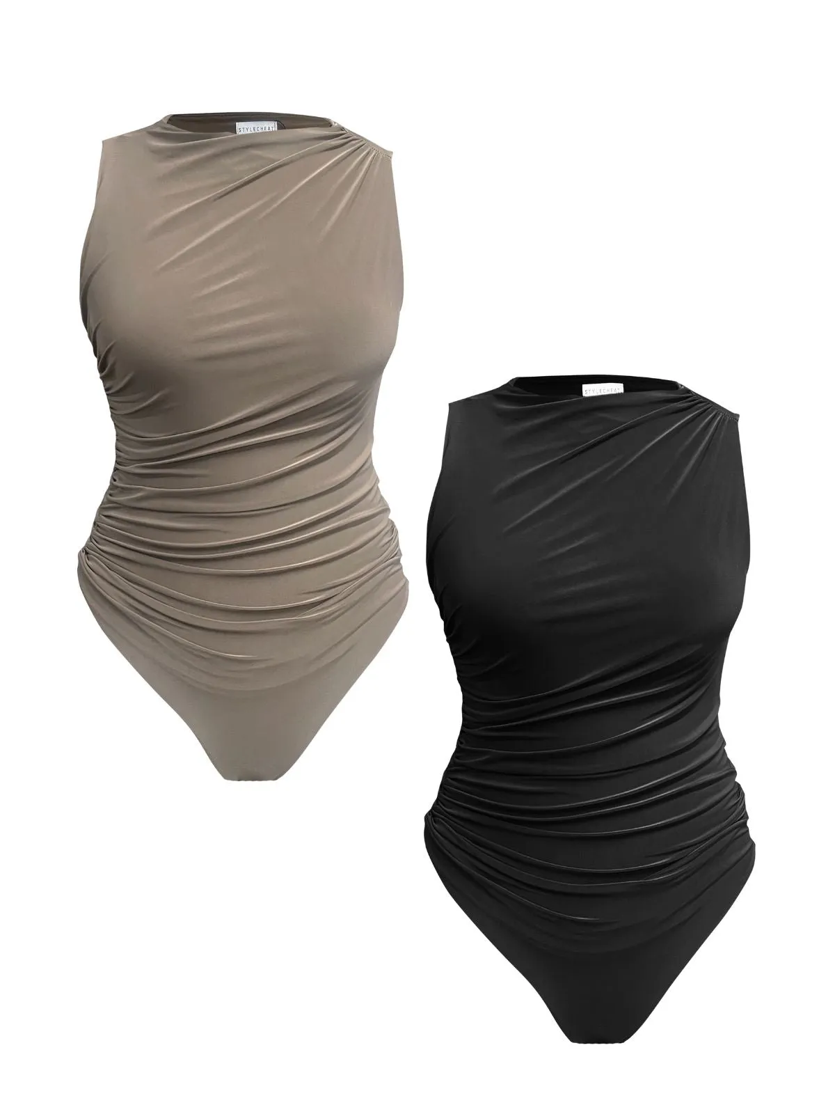 TWO PACK High Neck Ruched Bodysuit in Mocha & Black