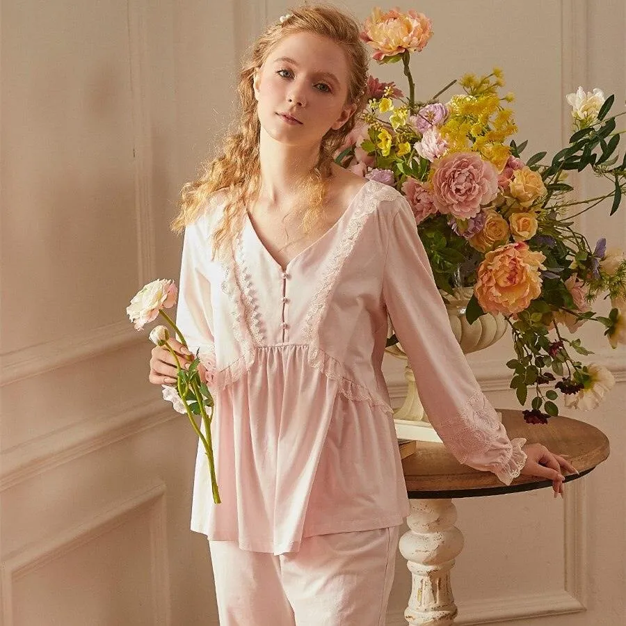 Vintage Cotton Women's Long Sleeve Pajama Set, Victorian Sleepwear Set