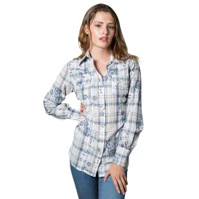 Women's Blue Plaid Eyelet Embroidery Western Shirt