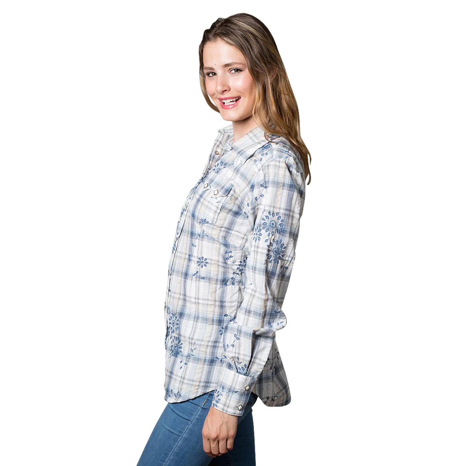 Women's Blue Plaid Eyelet Embroidery Western Shirt