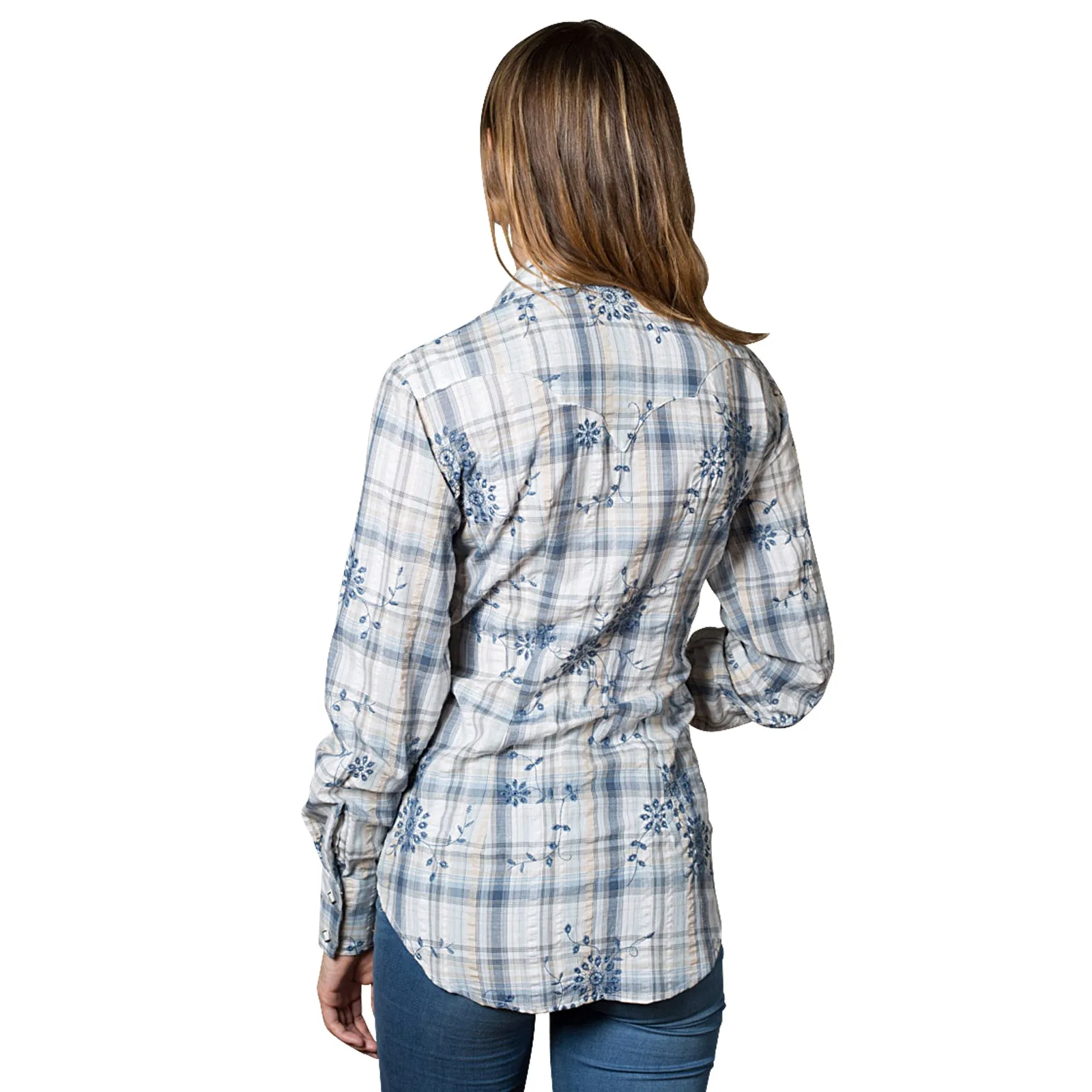 Women's Blue Plaid Eyelet Embroidery Western Shirt