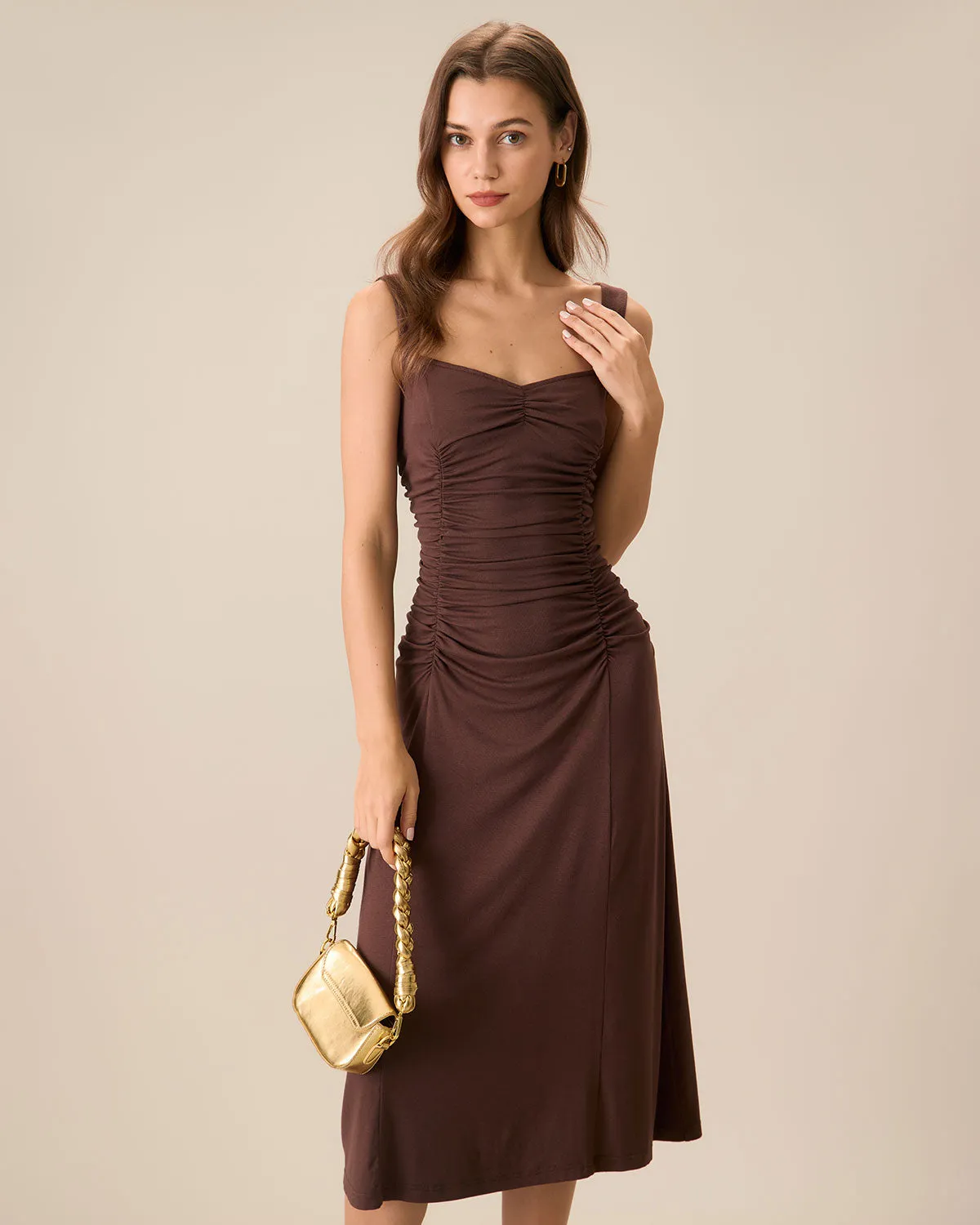 Women's Coffee Ruched Knitted Slip Midi Dress