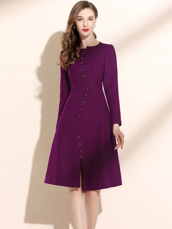 Womens Crew Neck Long Sleeved Button Front Midi Dress