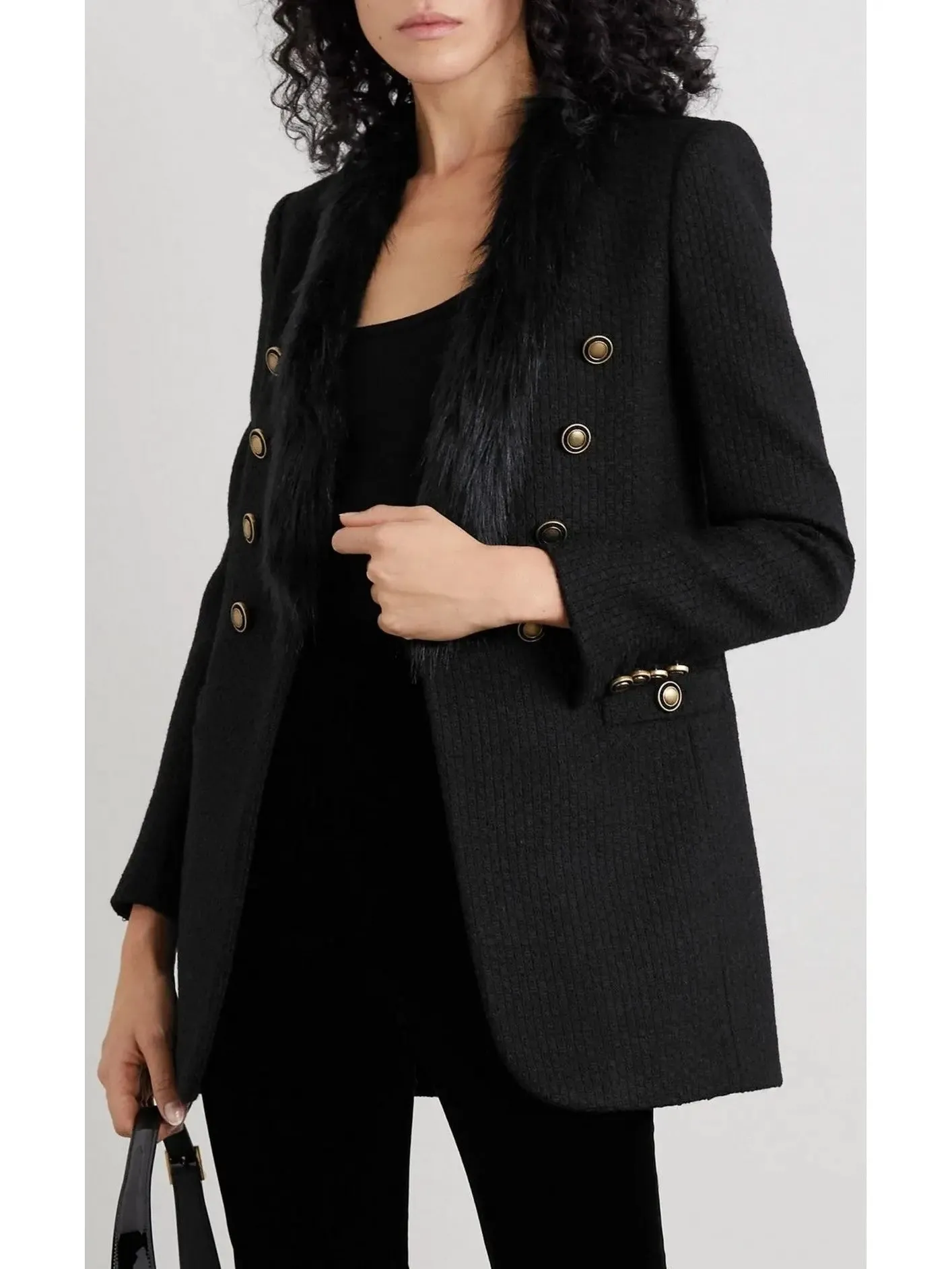 Women’s Double-Breasted Faux Fur-Trimmed Wool-Blend Tweed Blazer