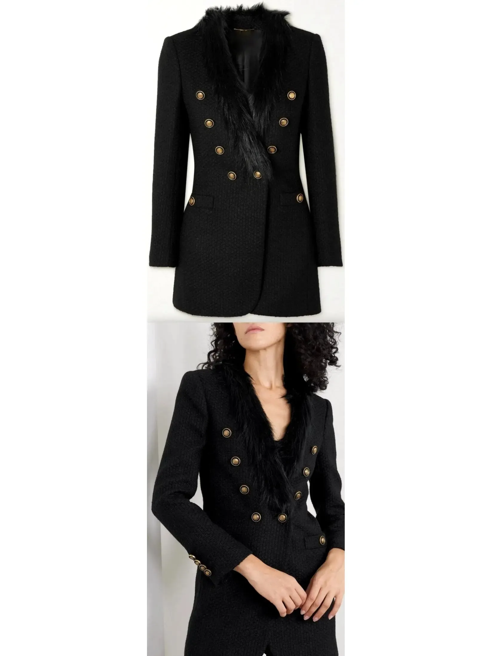 Women’s Double-Breasted Faux Fur-Trimmed Wool-Blend Tweed Blazer