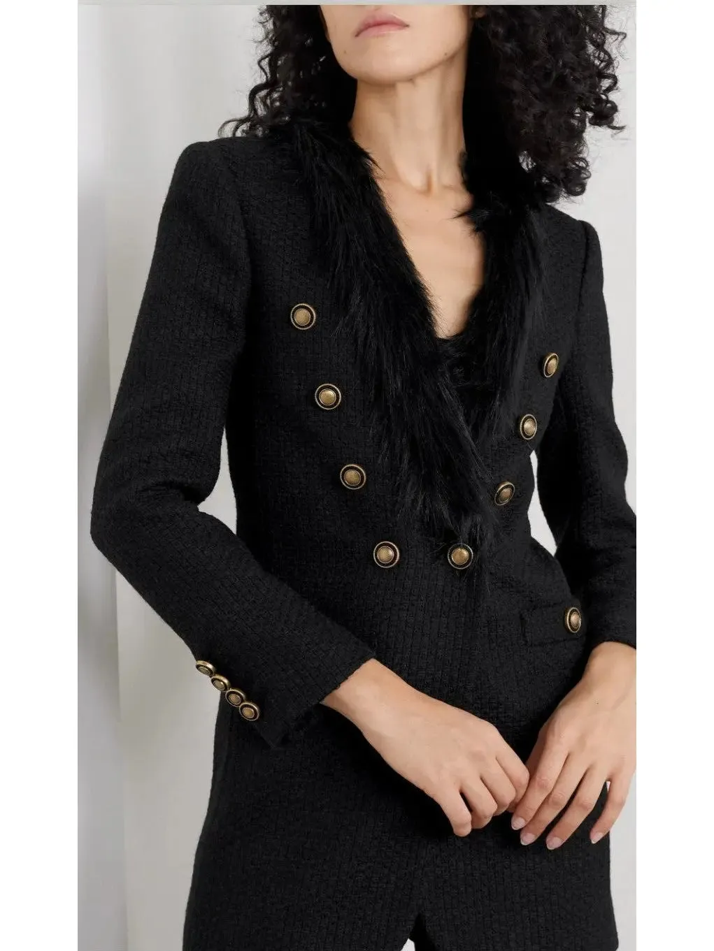 Women’s Double-Breasted Faux Fur-Trimmed Wool-Blend Tweed Blazer