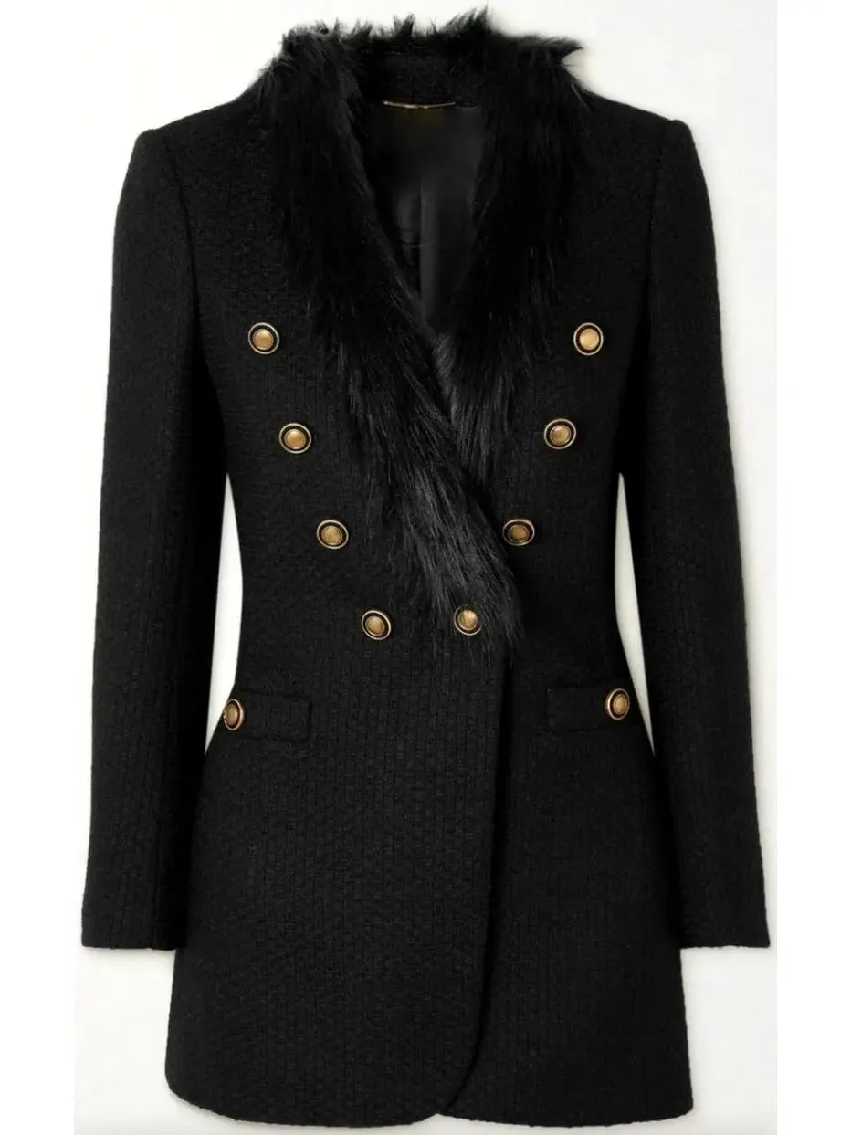 Women’s Double-Breasted Faux Fur-Trimmed Wool-Blend Tweed Blazer